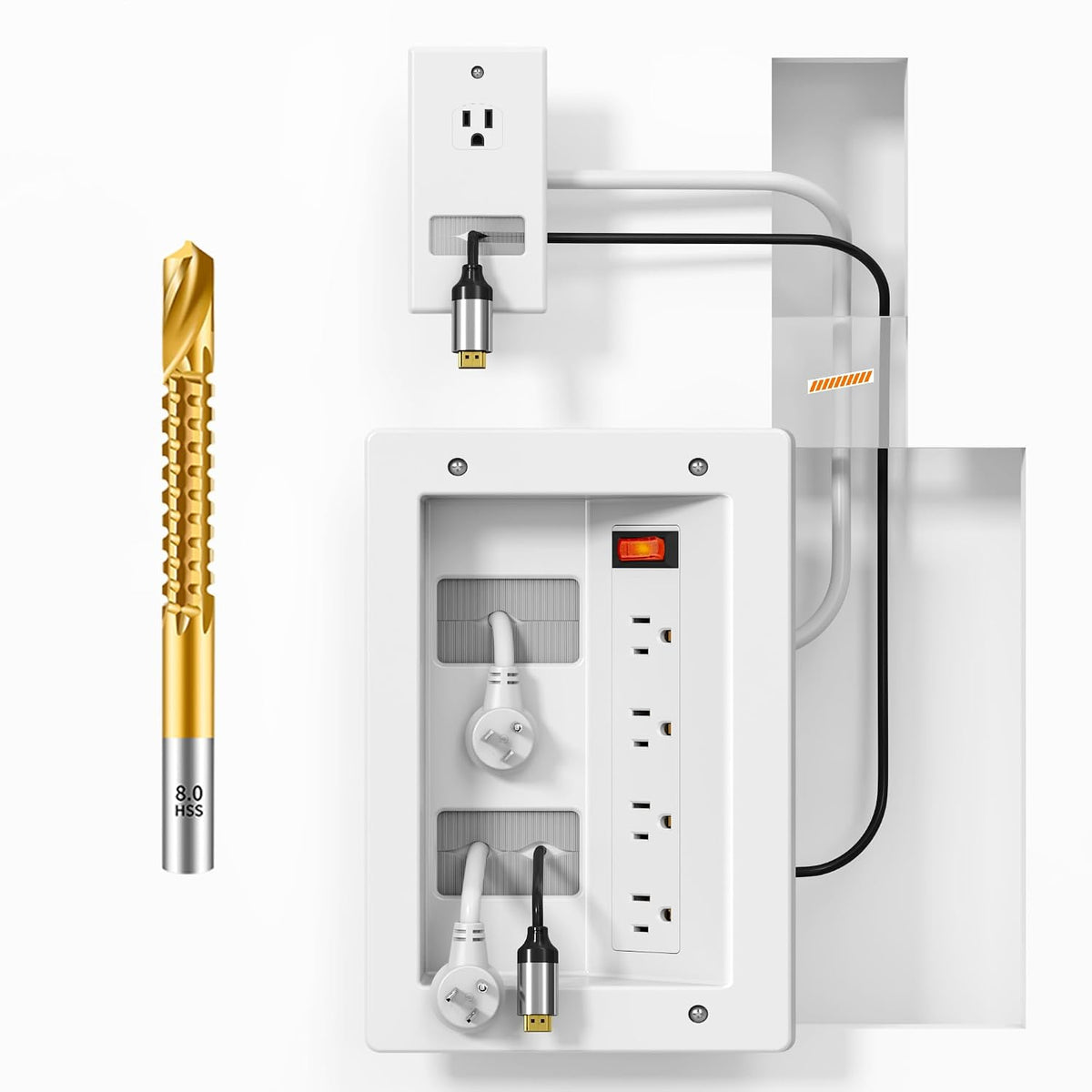 in Wall TV Cable Management Kit with Recessed Outlet – 4 Outlets, 7ft Cord(4ft+3ft), Drywall Cutting Drill Bit and Hand Saw – Easy, Overload Protection Switch, Safe TV Wire Hider for Wall