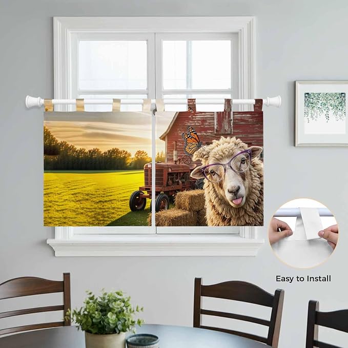 Farm Sheep Kitchen Curtains 24 Inch Length, Small Window Curtains Tab Top