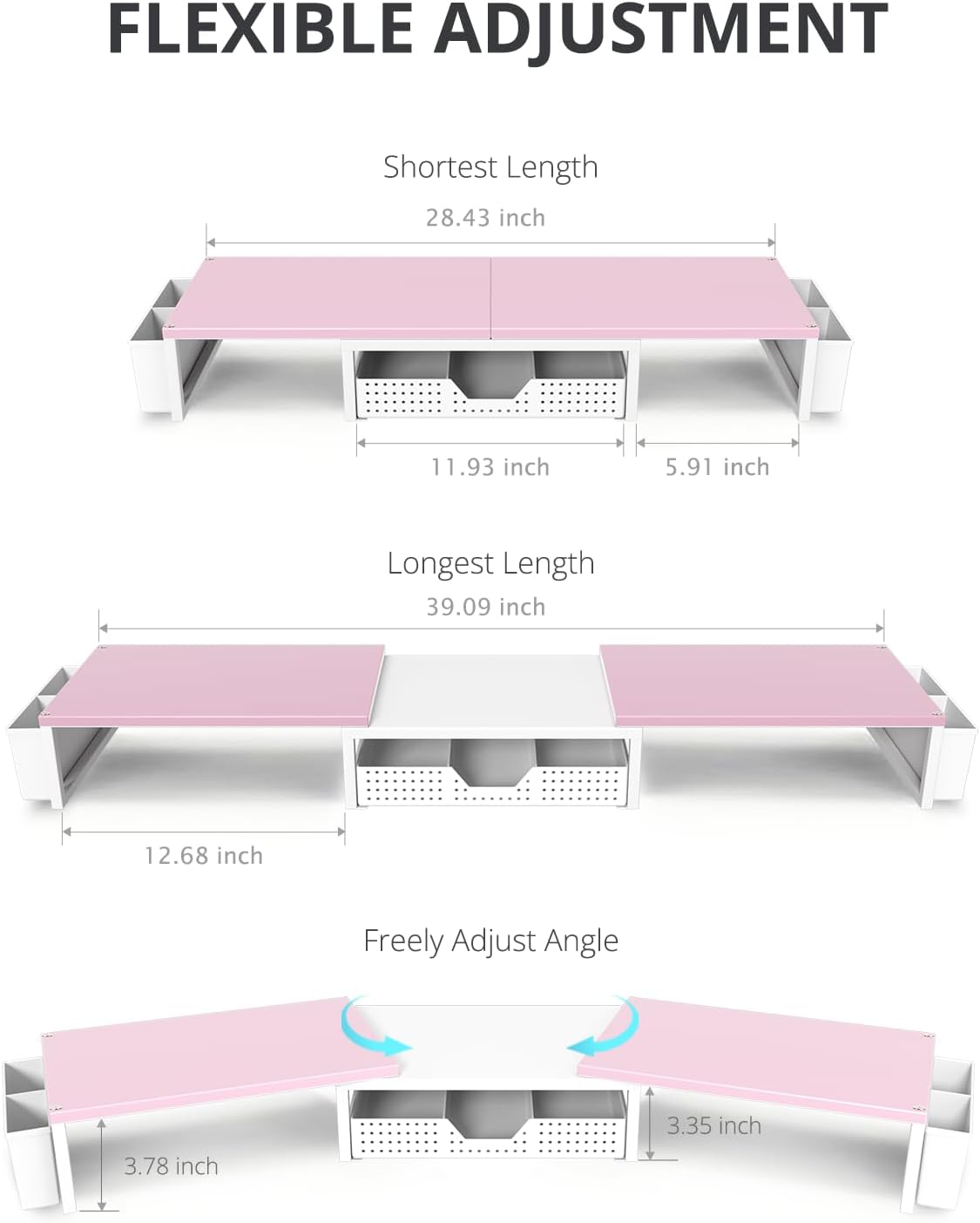 OPNICE Desk Organizers and Accessories, Dual Monitor Stand Riser with Drawer and 2 Pen Holders, Desk Shelf Printer Stand for Office Workspace Organizers, Desktop Organization (Pink-White)