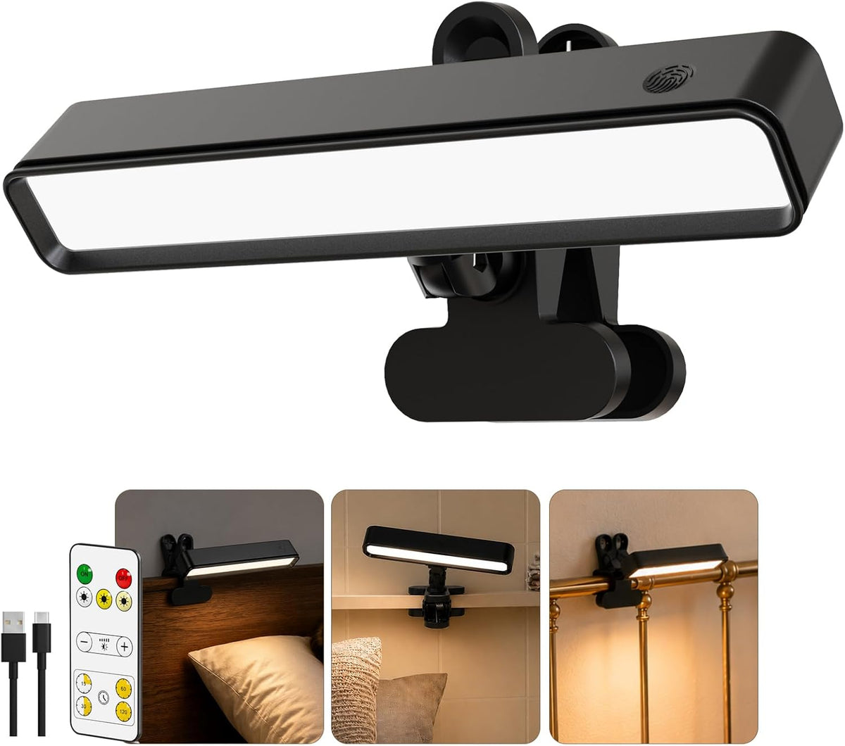 6000mAh Rechargeable Clip on Light, LED Reading Light for Bed/Desk, 3 Color Modes & Stepless Dimming, Portable Clamp Lamp with 360 Degree Adjustment, Battery Operated Work Light for Home Office, Black