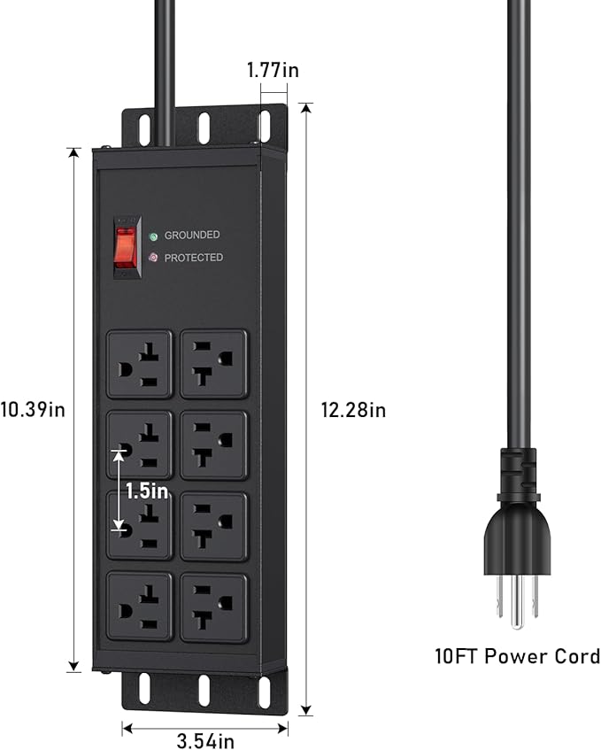 JUNNUJ Heavy Duty 20 Amp Surge Protector 4800J, Garage Metal 8 Outlets 12 Gauge, High Amp 5-15P Adapter Shop 6-20R T-Slot Industrial Outlet, 10 FT Extension Cord Commercial for Appliance
