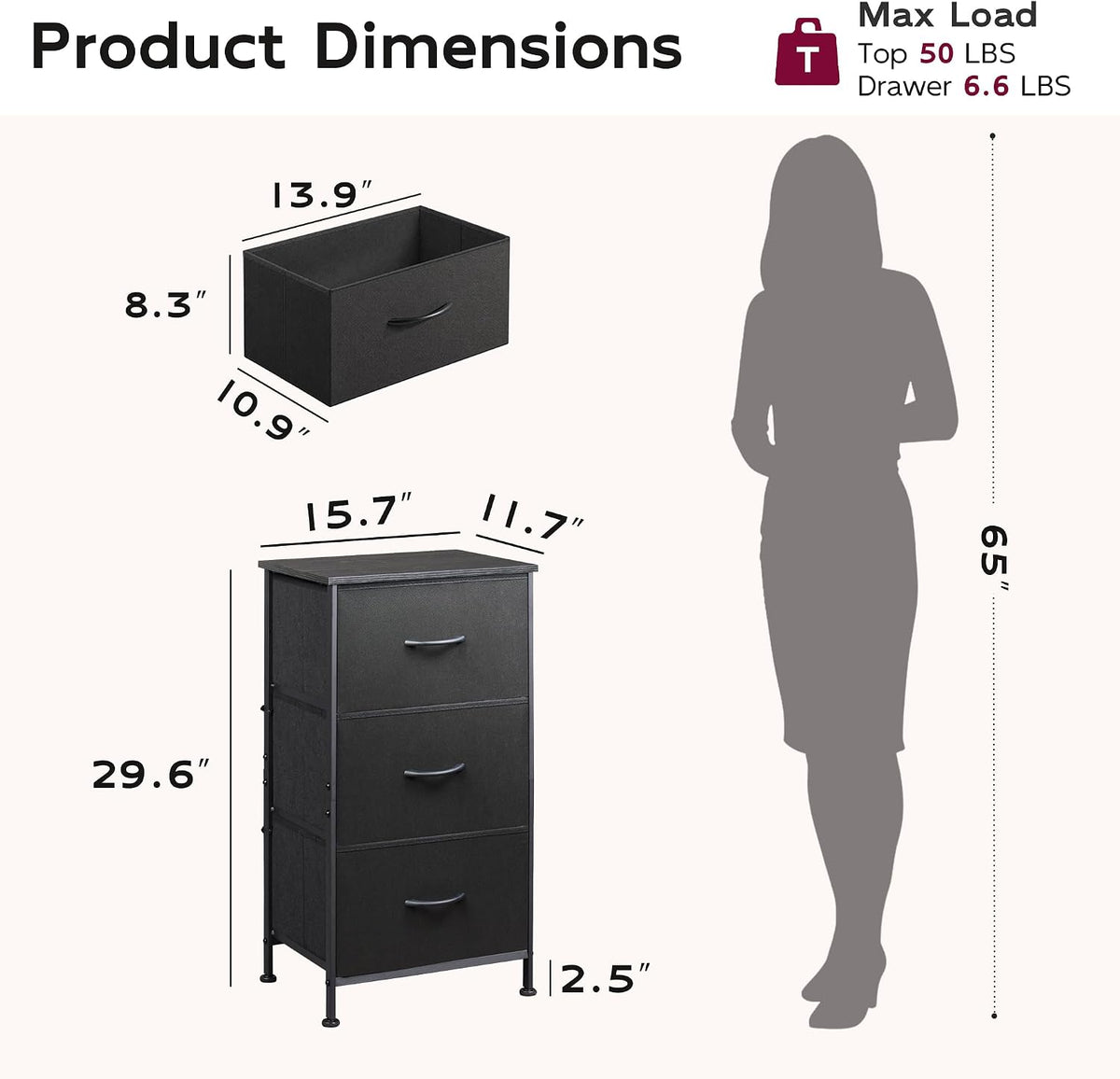 WLIVE Small Dresser Nightstand for Bedroom, 3 Drawers, Charcoal Black