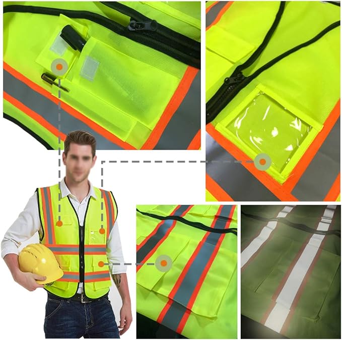 YOWESHOP High Reflective Visibility Safety Vest Custom Your Logo Safety Workwear with Reflective Strips and Front Zipper