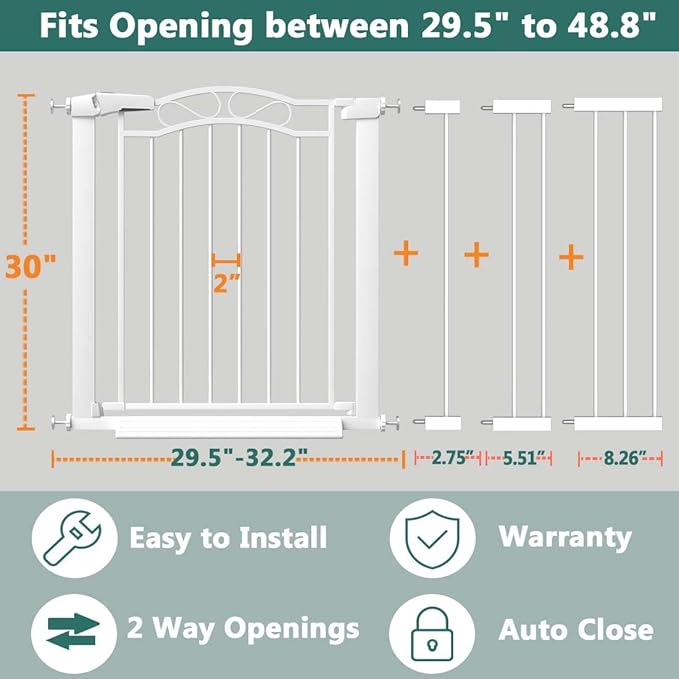 Fairy Baby 29.5"-48.8" Extra Wide Baby Gate for Stairs, Pressure Mounted Metal Long Dog Gates Indoor for House Doorways Walk Thru No Drill Pet Gates Child Safety Gate for Kids, White
