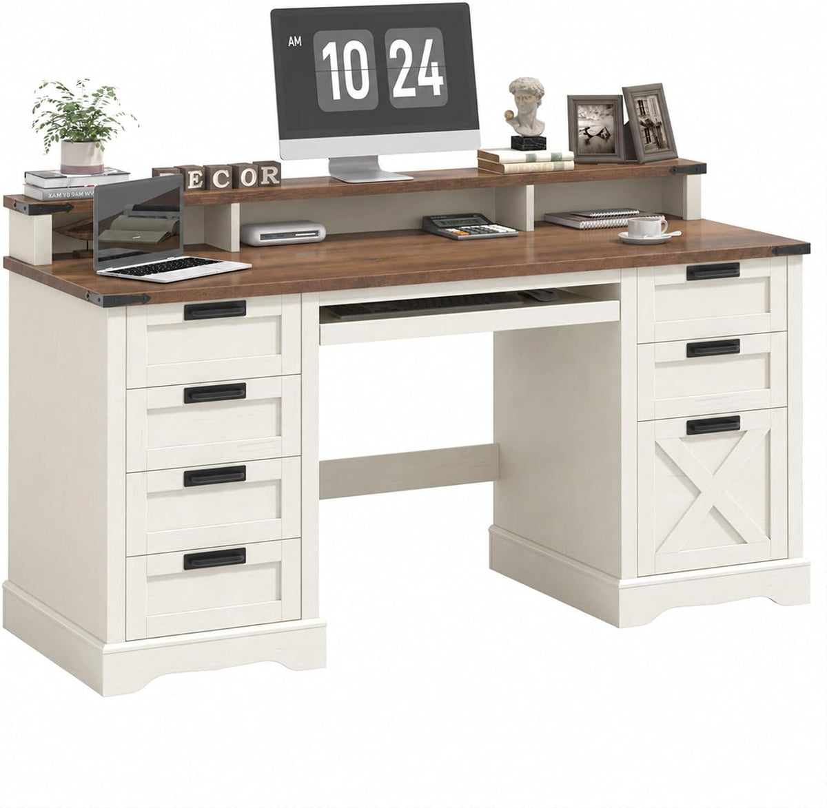 Halitaa 60" Farmhouse Executive Desk with 8 Drawers, Rustic White and Brown