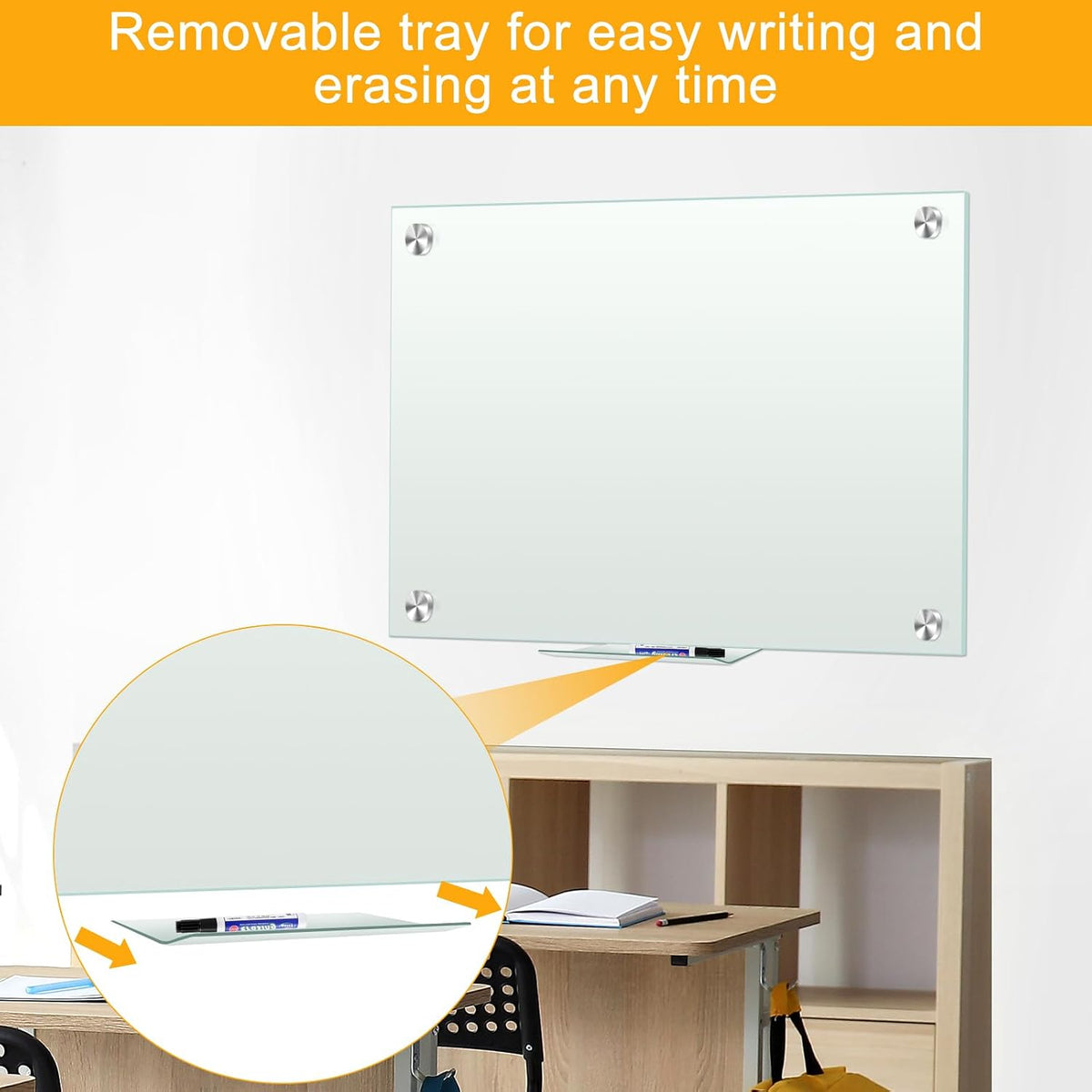 H-Qprobd White Board 24”x18“ Magnet Dry Erase Boards Frameless Magnetic Glass Whiteboard for Wall, Wall Mounted Whiteboard Includes 12 Magnets, 8 Markers and 2 Erasers