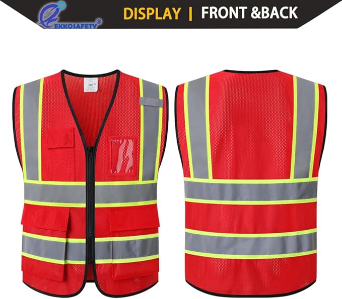 Reflective Mesh Safety Vest for Men Women with 5 Pockets and Zipper Front High Visibility Vest Hi Vis Construction Work Vest,Meets ANSI/ISEA Standards(EK175-Red-L)
