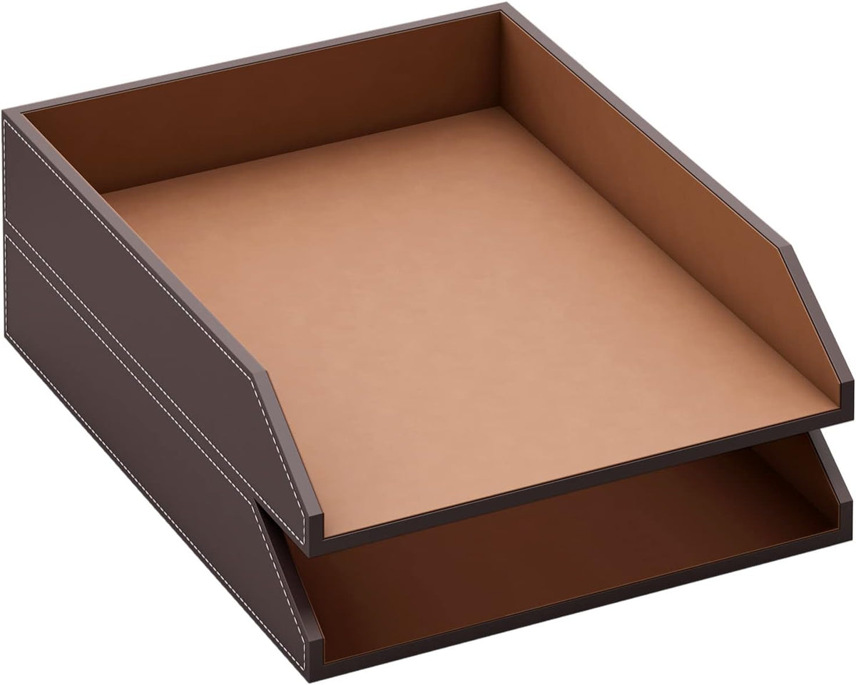 Leather Letter Tray, Thipoten Stackable Desk Organizer Holder for Office Supplies, Paper, File, Magazine, Perfect Office Organization for Desktop (Brown-2Tiers)