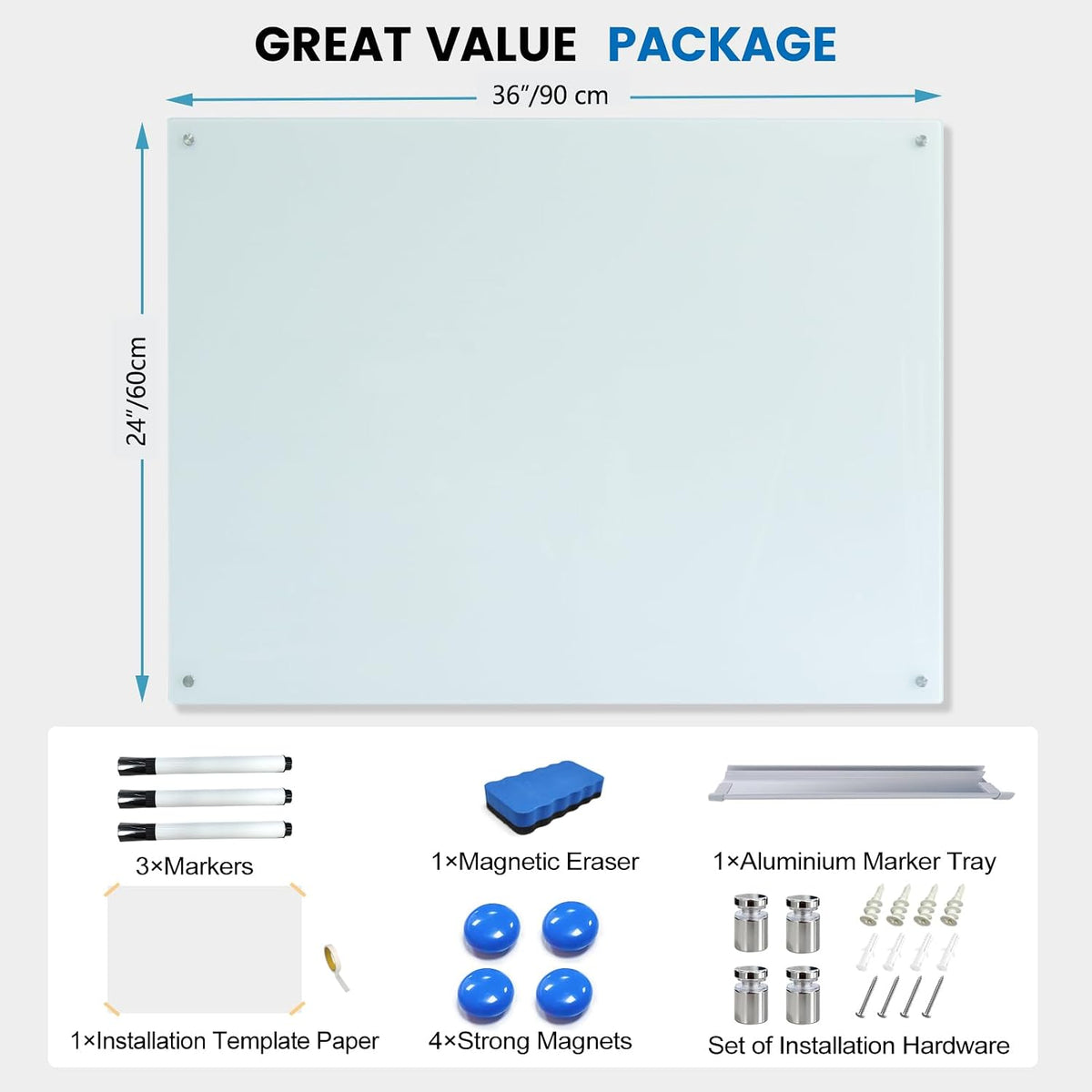 Glass Magnetic White Board, 36"x24" Dry Erase Board for Wall, Bulletin Whiteboard for School Classroom Office Homeschool
