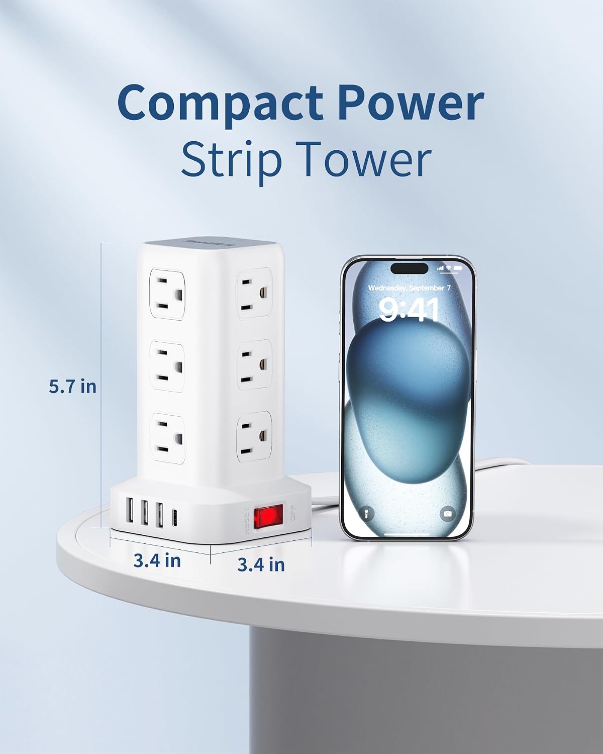 Extension Cord with Multiple Outlets, SMALLRT Flat Plug Power Strip Tower with USB 12 AC Outlets, 6.5FT Ultra Thin Extension Cord Outlet Extender for Home Office, Overload Protection