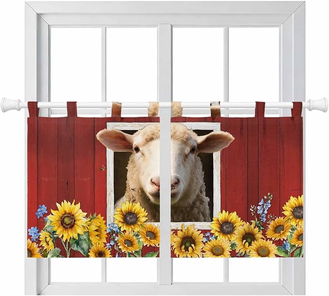 Sheep Sunflower Kitchen Curtains 24 Inch Length, Small Window Curtains Tab Top