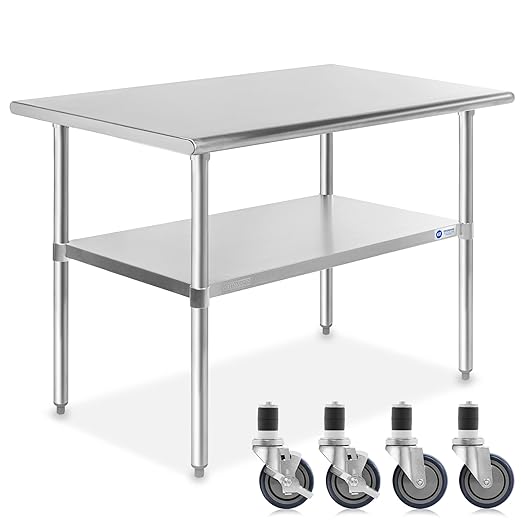 GRIDMANN NSF Stainless Steel Work & Prep Table 48 x 30 Inches with Caster Wheels and Under Shelf for Restaurant, Home, Hotel