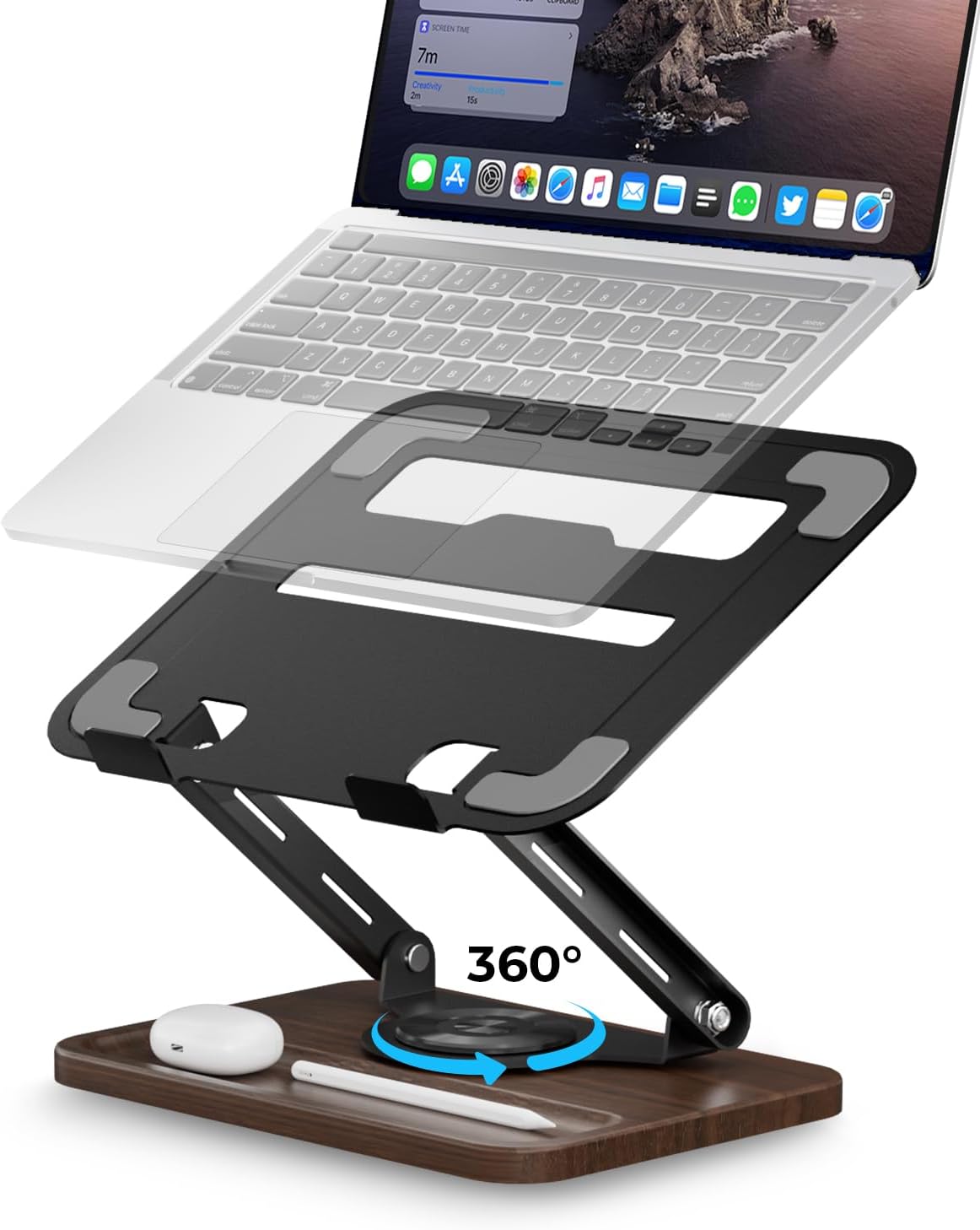 Viozon Laptop Stand for Desk, Adjustable Laptop Desk Stand with Wood Base Storage, 360° Rotating Swivel Computer Stand for Laptop, Ventilated Cooling Desktop Holder Fits up to 15.6" Notebooks/Laptops