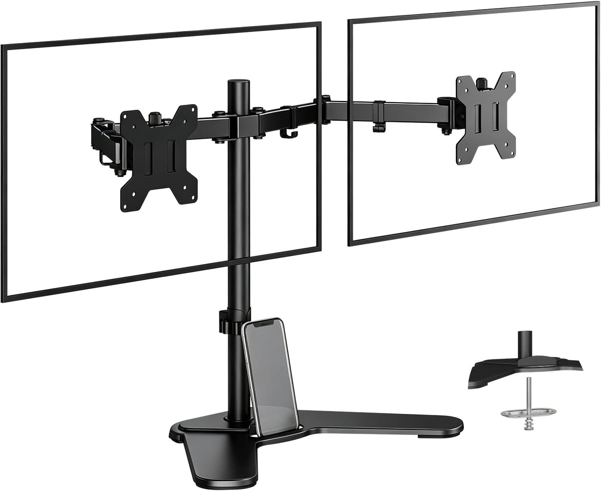 Bracwiser Dual Monitor Stand Mount, Free-Standing Full Motion Monitor Desk Mount for Two 13-32 inch, 15.43lbs, Adjustable Angle Height Monitors Arm, Desk Stand, Ergonomic L Feet, Black (ML7442)