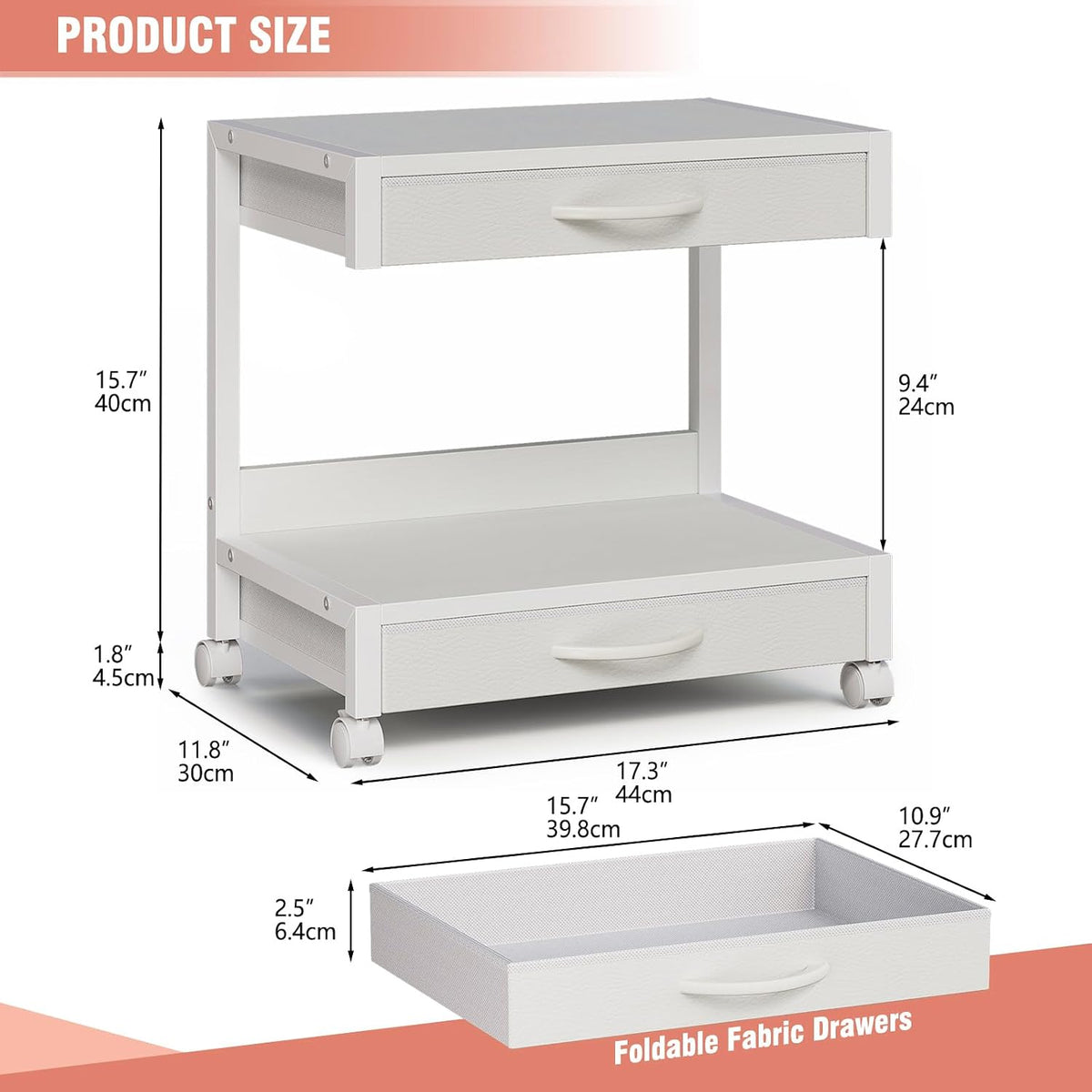 VENNQD 2-Tier Desktop Printer Stand with 2 Fabric Drawers, Prtiner Table with Storage Shelf, Desk Organizer for Home Office,3D Printer,Fax Machine,Scanner (White, 2 Tier)
