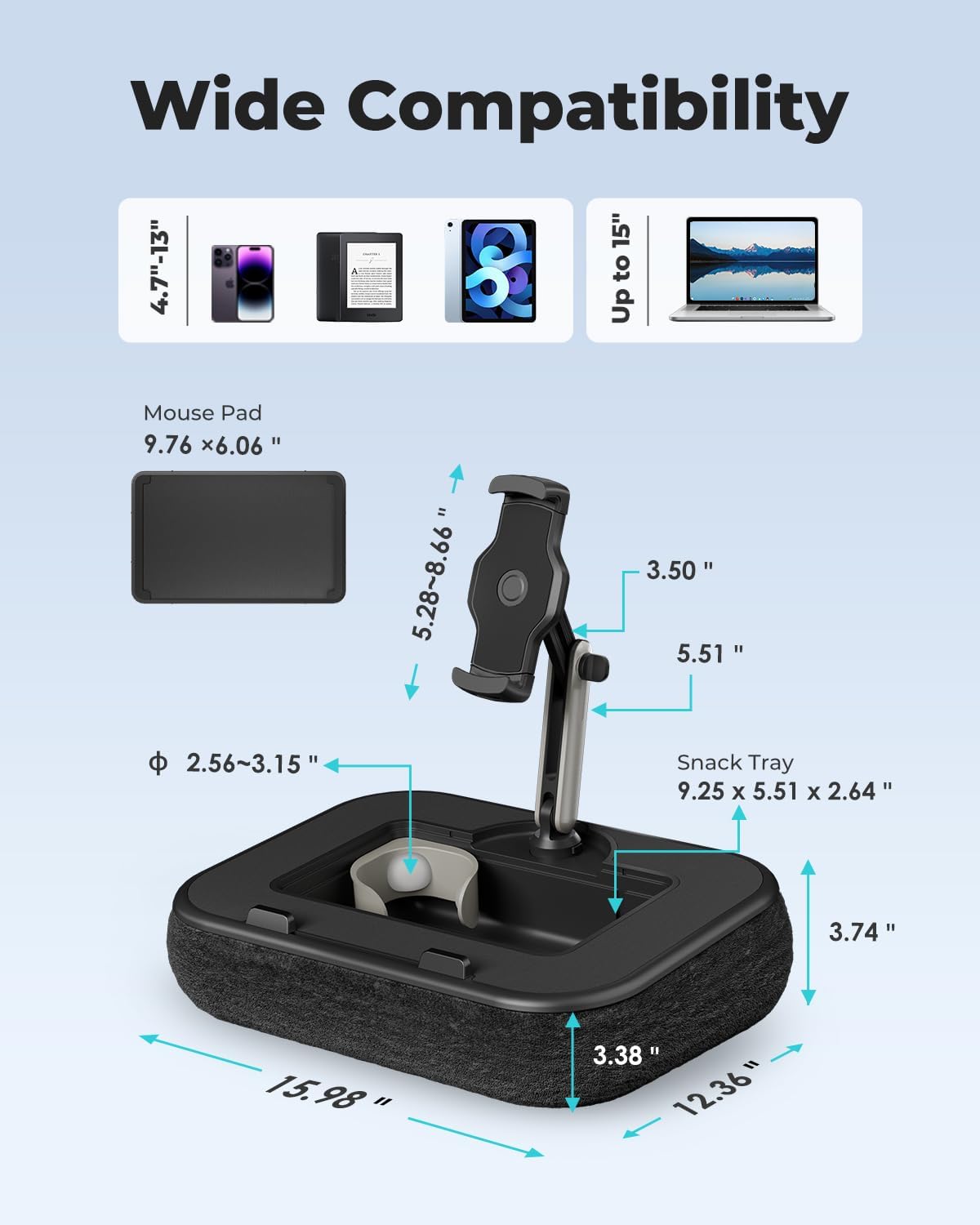 Viozon Kindle Pillow Stand Holder, Phone holder for Bed, Laptop Lap Desk with Mouse Pad,Compatible with 4.7-13" Kindle/Tablet/Phone,10-15"Laptop, Snack Bowl&Cup Attachment&Detachable 360°Stand Arm, B