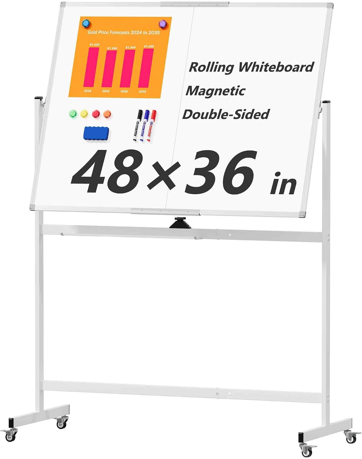 Large Rolling Whiteboard on Wheels, 48" x 36" Double-Sided Mobile White Board with Stand, 4' x 3' Portable Standing Magnetic Dry Erase Board Easel for Home Office Classroom School, Silver