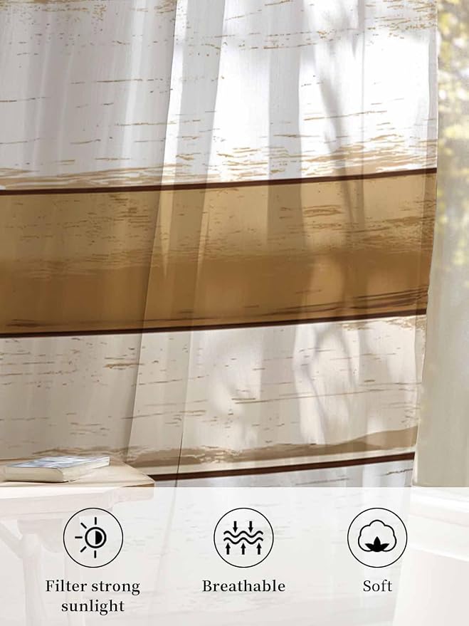 Sheer Curtains 54 Inch Length, Vintage Country Geometric Striped Privacy Voile