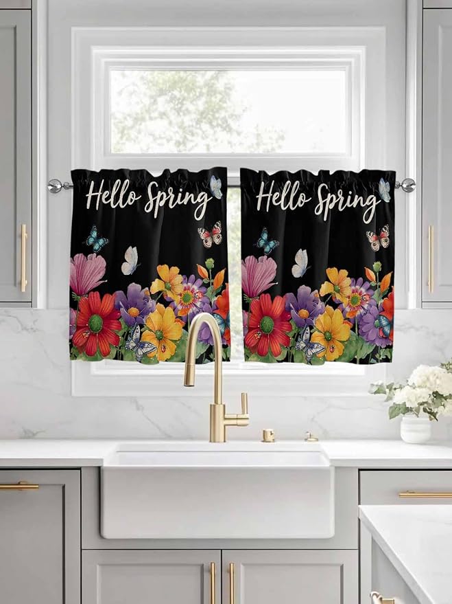 Spring Flowers Half Window Curtain 36 Inches Long, Watercolor Country Colorful
