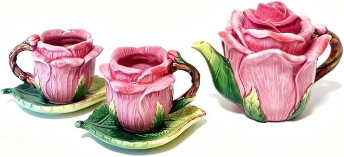 Ceramic Rose Tea Pot Set, 3D Hand-painted Rose Red Flower Cup and Green Leaves