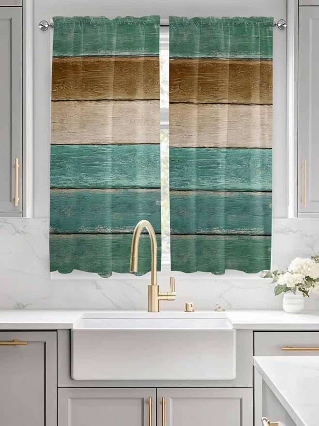 Vintage Plank Turquoise Brown Window Valance Curtains, Farmhouse Wood Grain