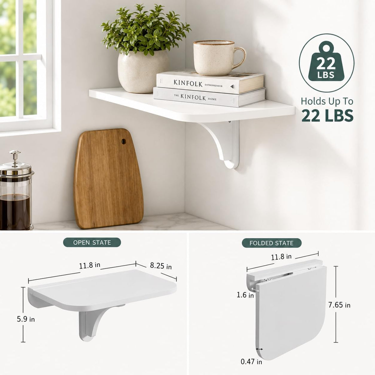 WELLAND 11.8" x 8.25" White Wall Mounted Desk Small Floating Shelves Set of 2 Folding Wall Shelves Drop-Leaf Table Fold Down Desk for RV, Camper, Loft Beds
