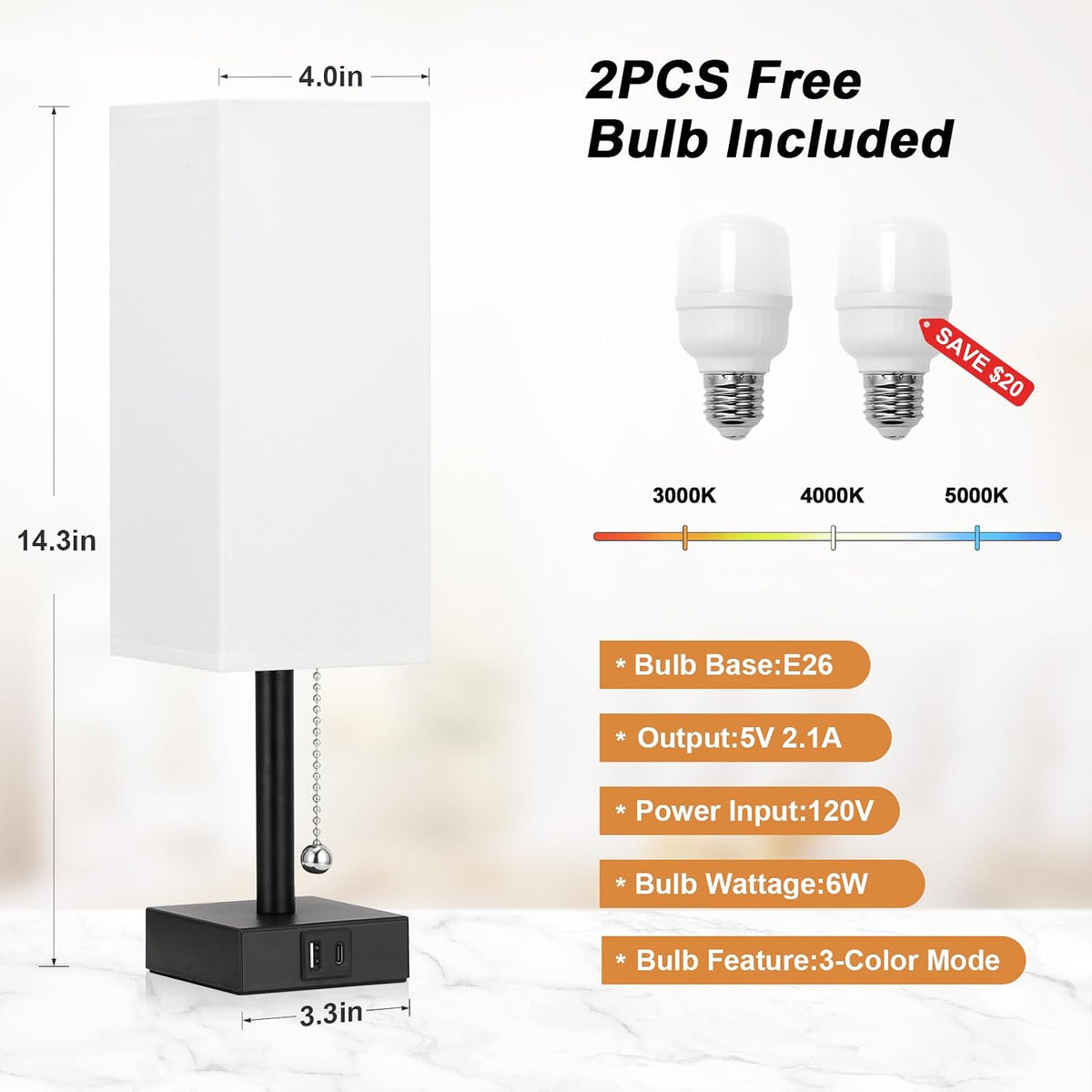 Set of 2 White Bedside Table Lamps for Bedroom - Nightstand Lamp, USB C+A