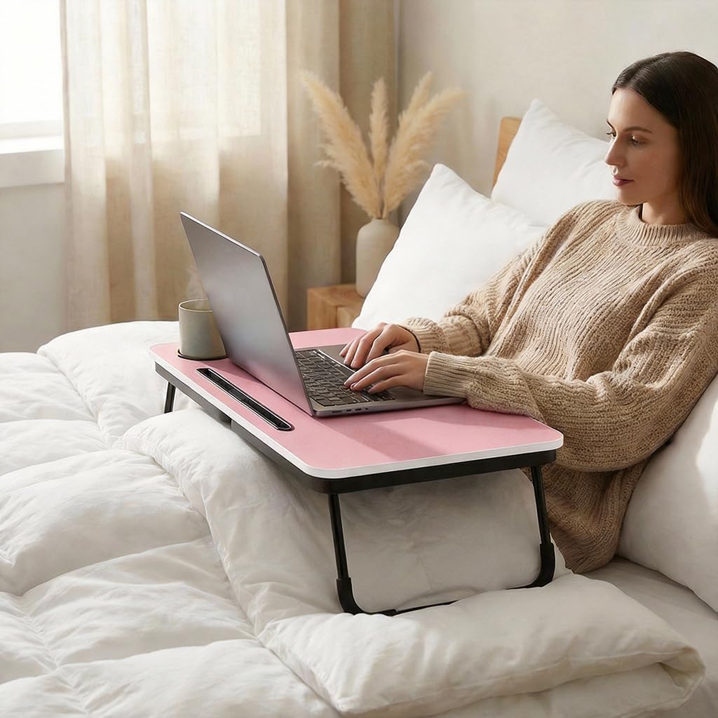 BUYIFY 23.4" Foldable Lap Desk Bed Table with Cup Holder Portable Tray