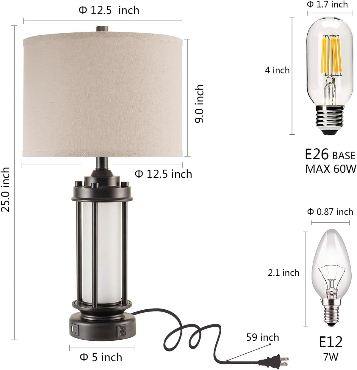 AIEAMPDO 25'' Set of 2 Modern Table Lamps for Bedroom with 2 USB C+A Ports