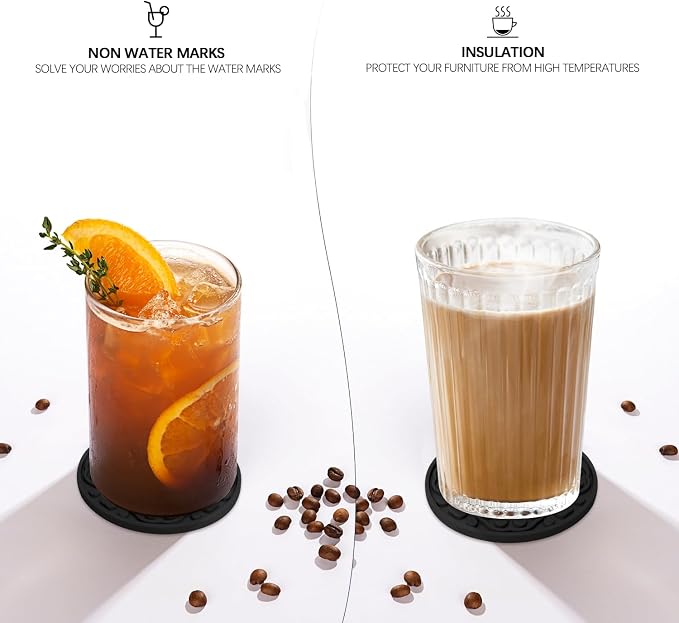 Black Silicone Coasters with Holder, 4 Inch Modern Non-Slip Drink Coasters Set