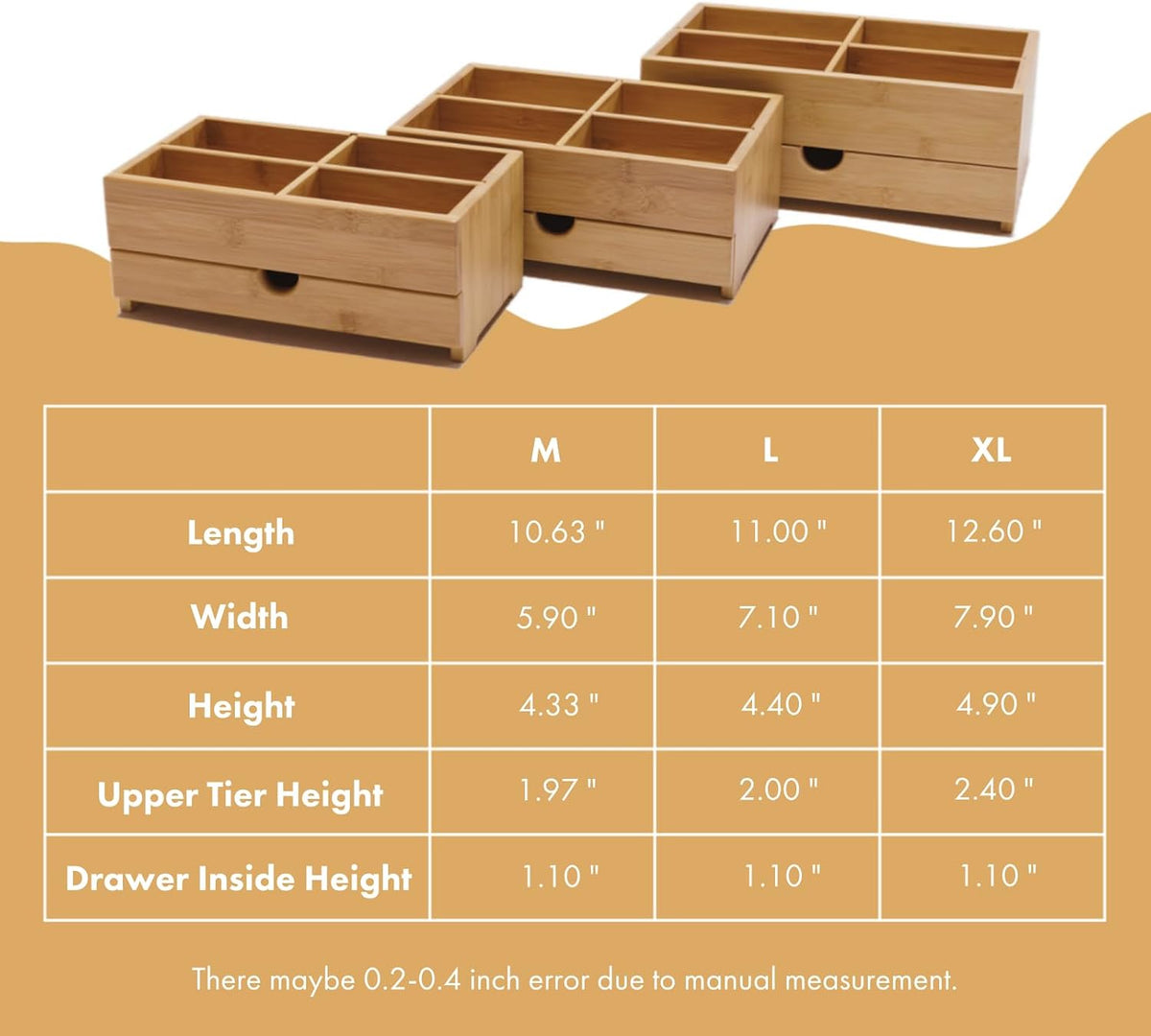 GOBAM Bamboo Makeup Organizers and Storage with Drawer - Wooden Cosmetic Organizer Countertop for Bathroom, Bedroom, Closet, Kitchen, Vanity & Dresser - Make up Vanity Station