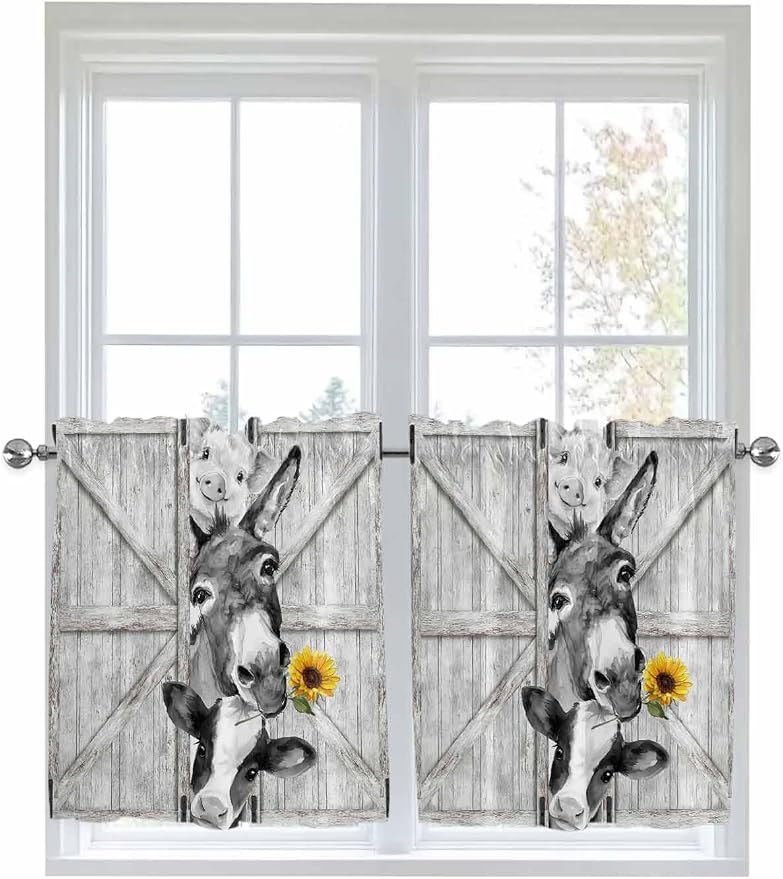 Grey Farmhouse Half Window Curtain 36 Inches Long, Vintage Sunflowers Animals