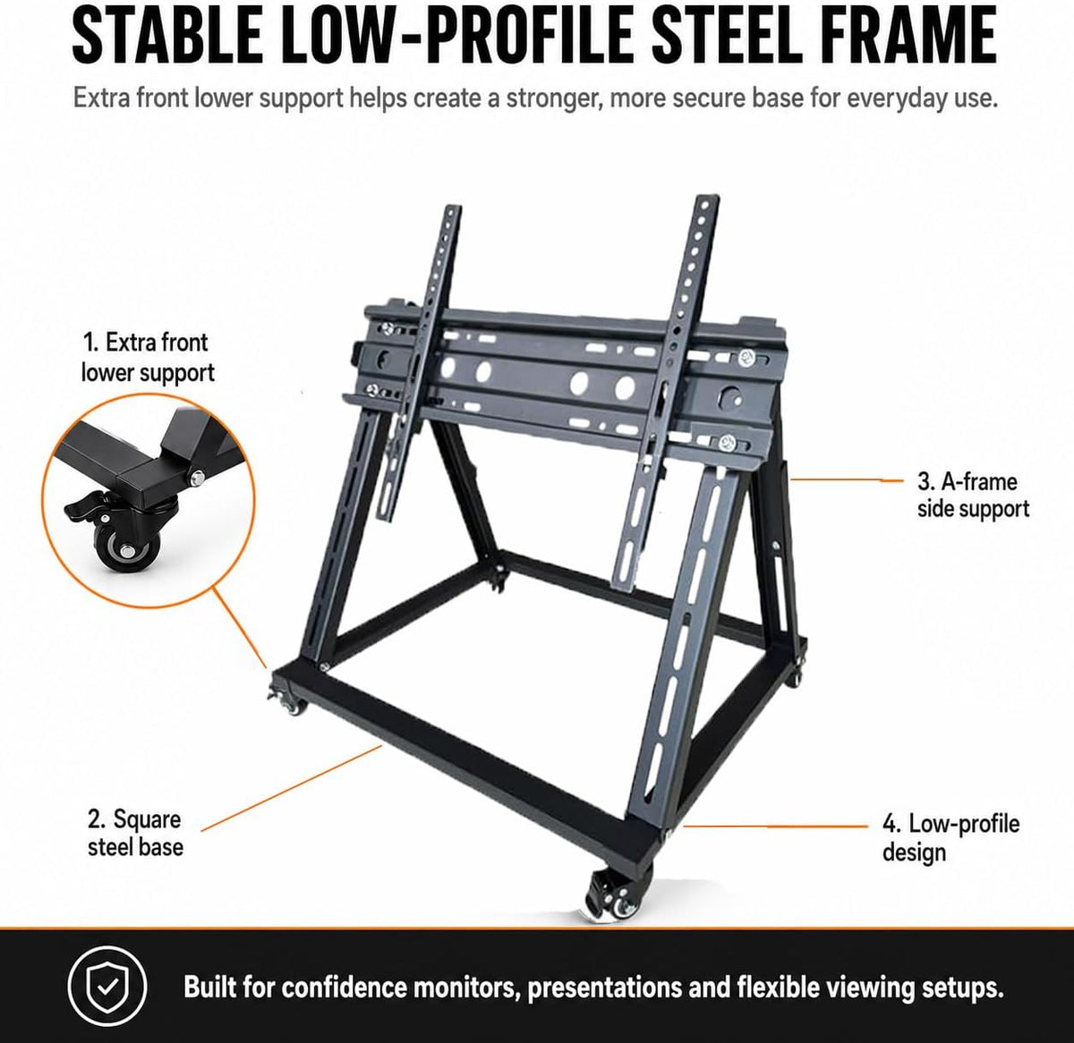 Low Height Mobile TV Stand with Wheels, Confidence Monitor Stand for 26-65 Inch TVs, Heavy Duty Rolling Floor TV Cart, VESA 200x200 to 600x600, 30° Tilt, Cable Ties Included