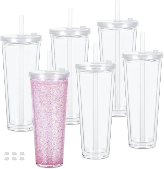 6 Pack 24Oz Snow Globe Tumblers, Double Wall Acrylic Pre Drilled Snow Globe Cup