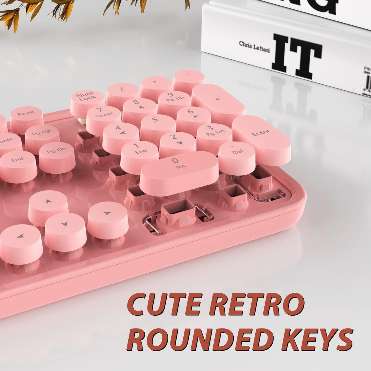 Kootop Wireless Keyboard Mouse, Cute 104 Keys Typewriter Pink White