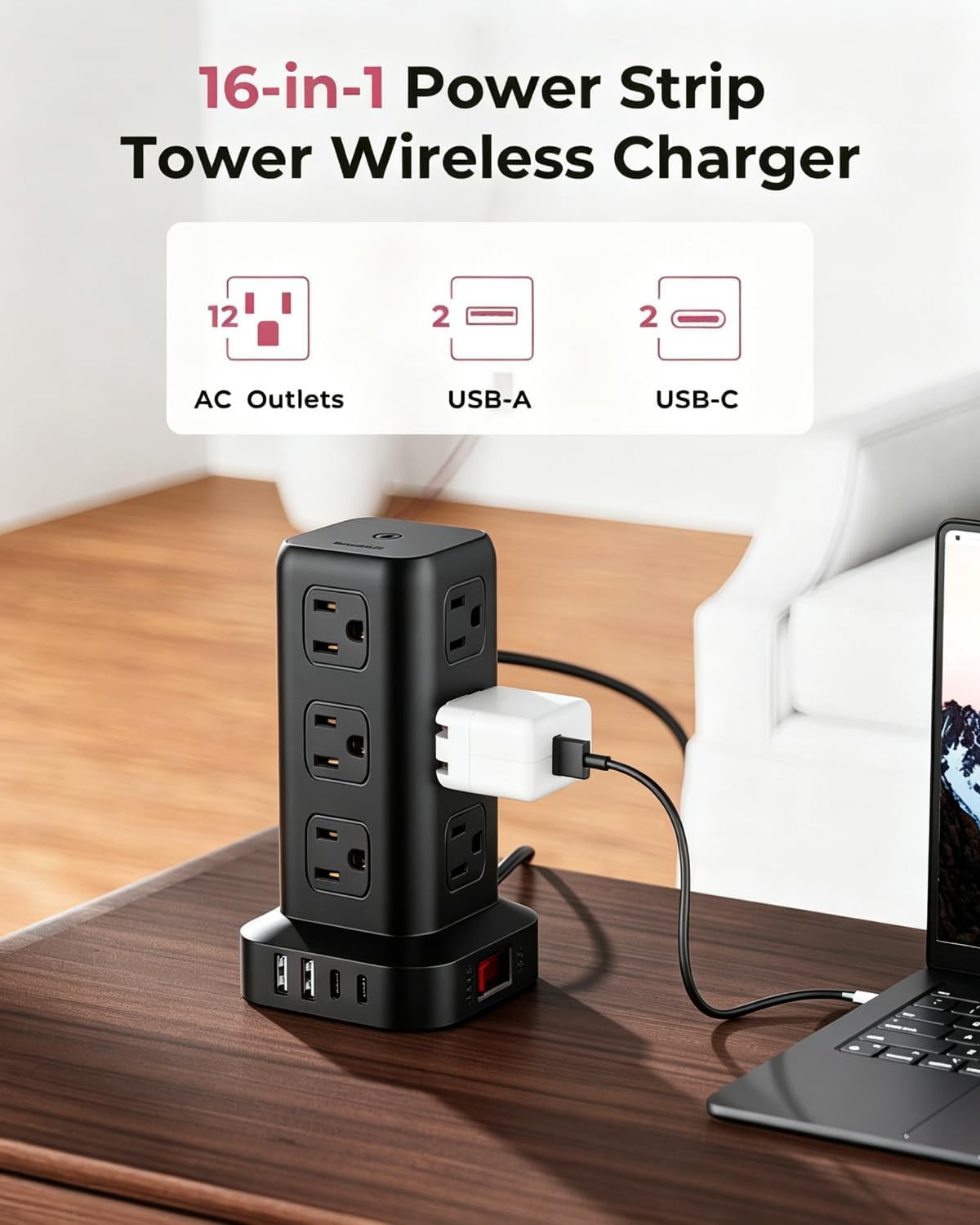 Power Strip 6.5 FT Cord, Power Strip Tower with 4 USB Ports (2USB C), Extension Cord with 12 AC Multiple Outlets, Home Office Supplies Desk Accessories, Dorm Room Essentials