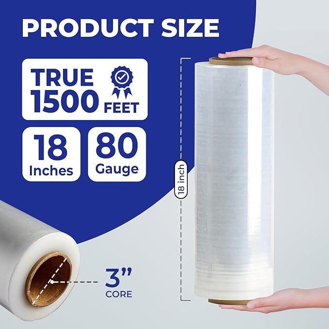 Rosmonde 128 Pack Bulk Plastic Wrap, 18" x 1500 ft Shrink Wrap for High Volume Daily Shipping, 80 Gauge Thick Pallet Wrap for Warehouse & Moving Companies, Bulk Stretch Wrap Roll for Pallet Wrapping