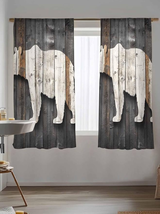 Sheer Curtains 63 Inch Length, Vintage White Brown Bear Semi Sheer Curtains