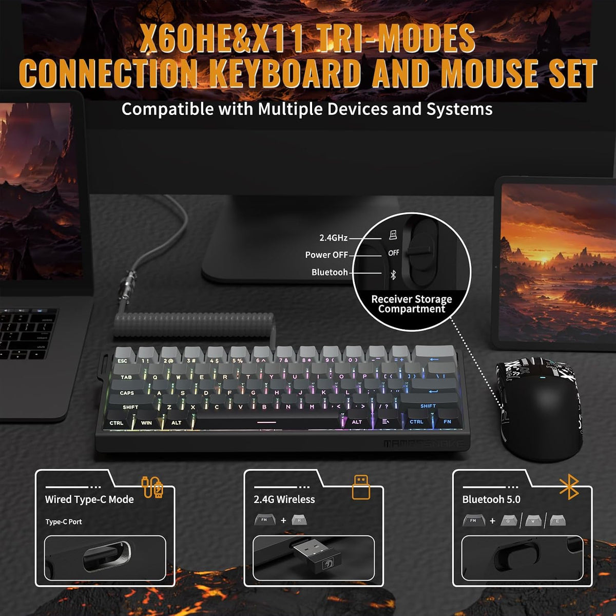 ATTACK SHARK X11&X60HE Mechanical Wireless Gaming Combo,Rapid Trigger Magnetic Switches 8K Keyboard,59g Ultra-Light Mouse with Charging Dock, 22K DPI,PAW3311,RGB Backlit 3-Mode with Coiled Cable-Black