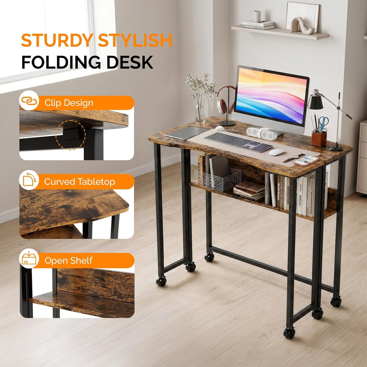 VINGLI 31.5 Inch Folding Computer Table, Small Rolling Desk with Storage Shelf, Space-Saving Sofa Table for Couch, Portable Writing Workstation Office Computer Desk, Brown