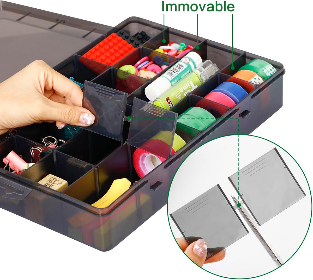 Gbivbe Large 24 Grids Plastic Organizer Box Adjustable Dividers,Clear Storage Box for Jewelry, Art DIY Crafts, Washi Tapes, Beads and Small Parts(Black,3Pack)