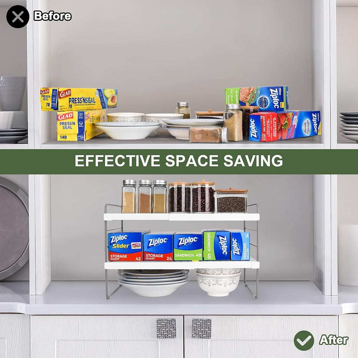 2 Pack Expandable Kitchen Wrap Organizer Rack, Height & Width Adjustable Aluminum Foil and Plastic Wrap Organizer for Pantry, Cabinet Food Wrap Organization and Storage - (3 Tier 9.8 to 15.6"L)