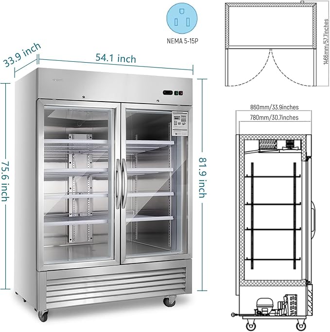JINSONG Commercial Beverage Fridge Display Refrigerator, 54" Wide, Glass Door Refrigerator, Stainless Steel Beverage Cooler with LED Lighting & 8 Shelves for Restaurant, Office, Shop, Bar, 49 Cu.ft
