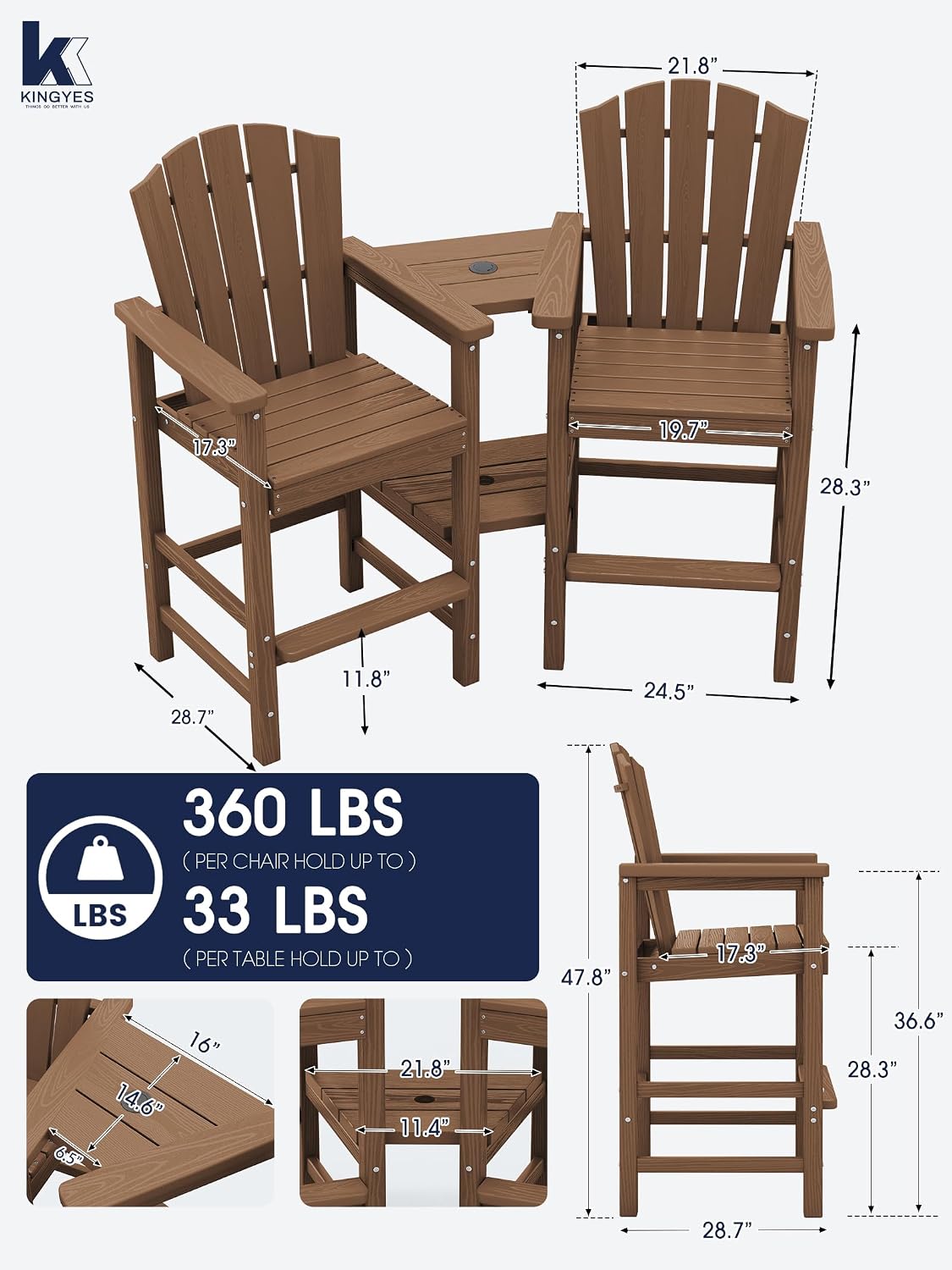 KINGYES Tall Adirondack Chair Set of 2 with Double Connecting Trays, Brown