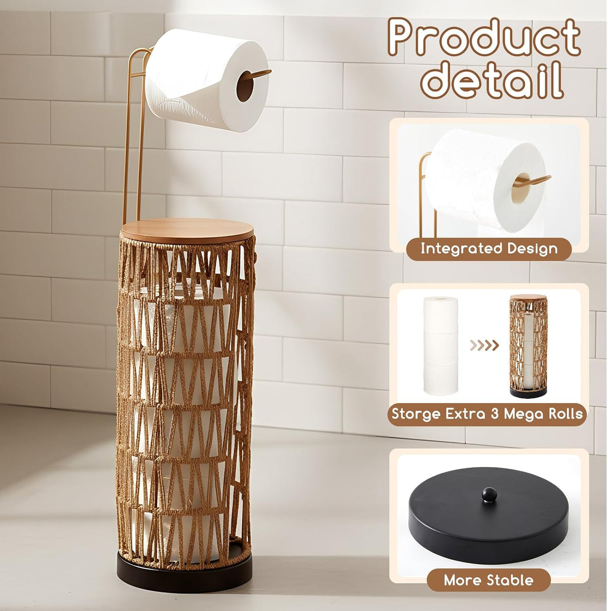 Geiserailie 2 Pcs Wicker Toilet Paper Holder and Wicker Waste Basket Set Boho Woven Toilet Paper Storage with Lid Rattan Bathroom Trash Can for Bedroom, Bathroom, Kitchen, Office, Balcony