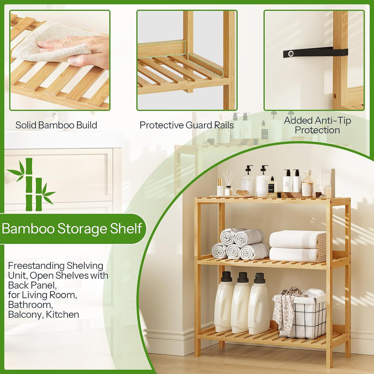 HOOBRO Bamboo Storage Shelf, 3-Tier Freestanding Shelving Unit, Multifunctional Storage Rack with Back Panel, 23.6 x 10.2 x 26 inches, for Bathroom, Living Room, Balcony, Kitchen, Natural YL94CJ01