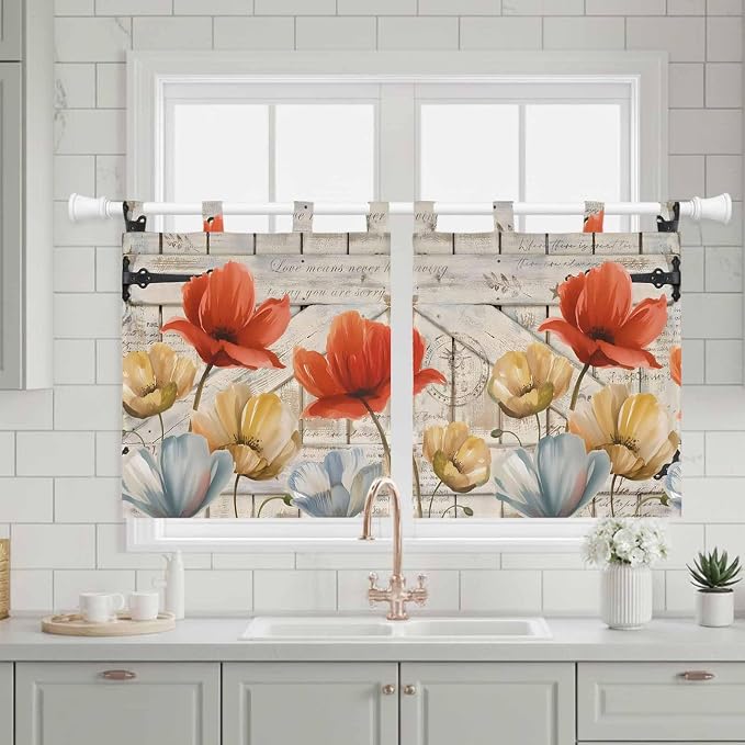 Retro Floral Kitchen Curtains 36 Inch Length, Small Window Curtains Tab Top
