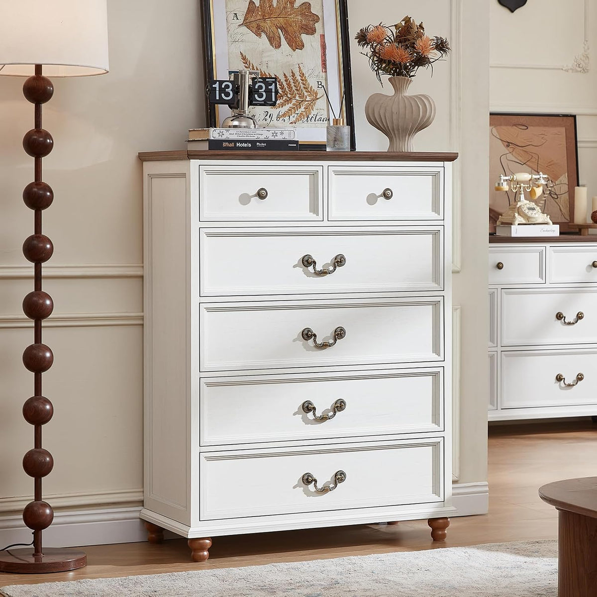 Joaxswe Farmhouse 6 Drawer Dresser Set of 2 for Bedroom, 42" Tall Rustic Chests of Drawers w/ 4 Solid Wood Feet, Mid Century Vintage Wooden Closet Storage Dressers Organizer for Living Room,White