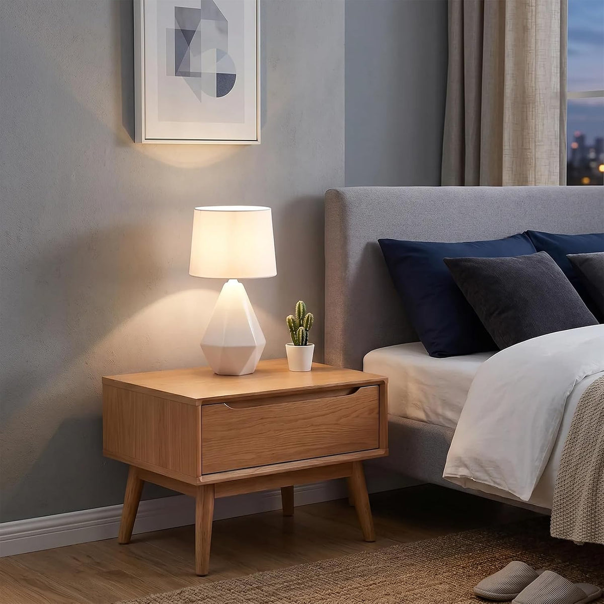 SOTTAE 15" Modern Small Ceramic Table Lamp, White Irregular Geometric Bedside Table lamp for Bedroom,Nightstand Lamps with White Fabric Shade, Small Lamp for Kitchen Living Room