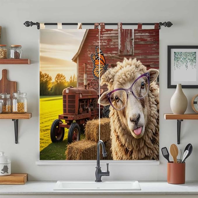 Farm Sheep Bedroom Curtains 72 Inch Length, Window Curtains Tab Top, Farmhouse